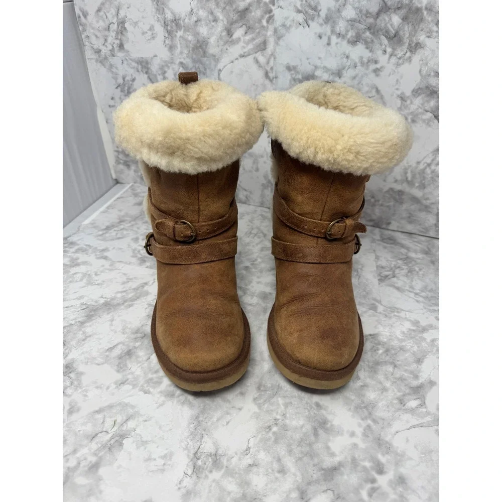 UGG Australia Women Triple Buckle Shearling Suede Boots Chestnut 1008350 6